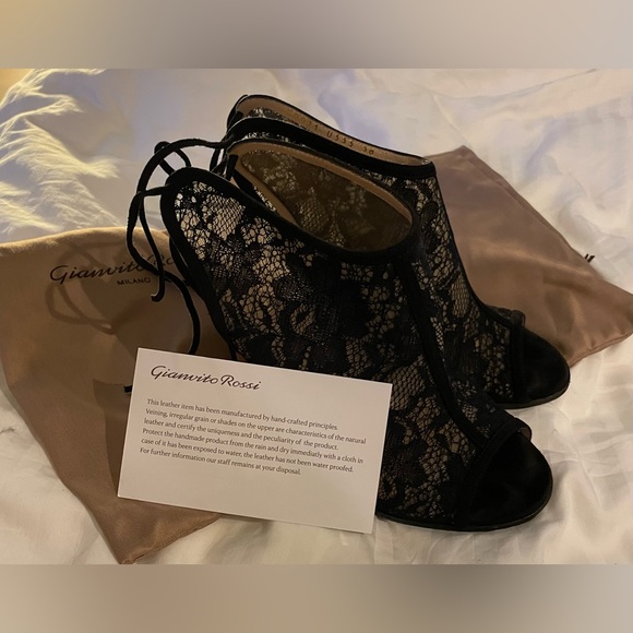 GIANVITO Rossi Suede Trim Black Lace Peep Toe Pumps - Picture 6 of 13